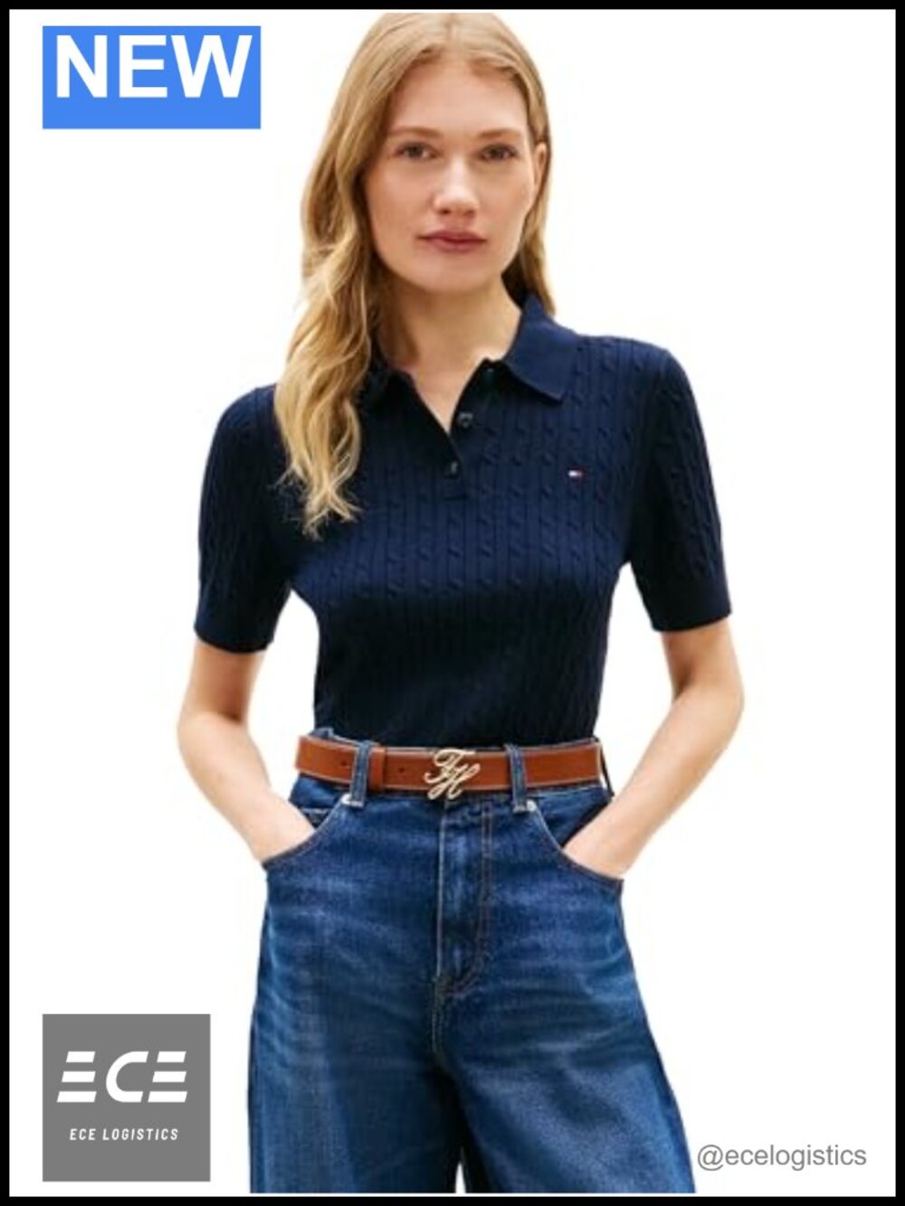 Short Sleeve Cable Knit Polo Sweater Cotton V Neck Women's